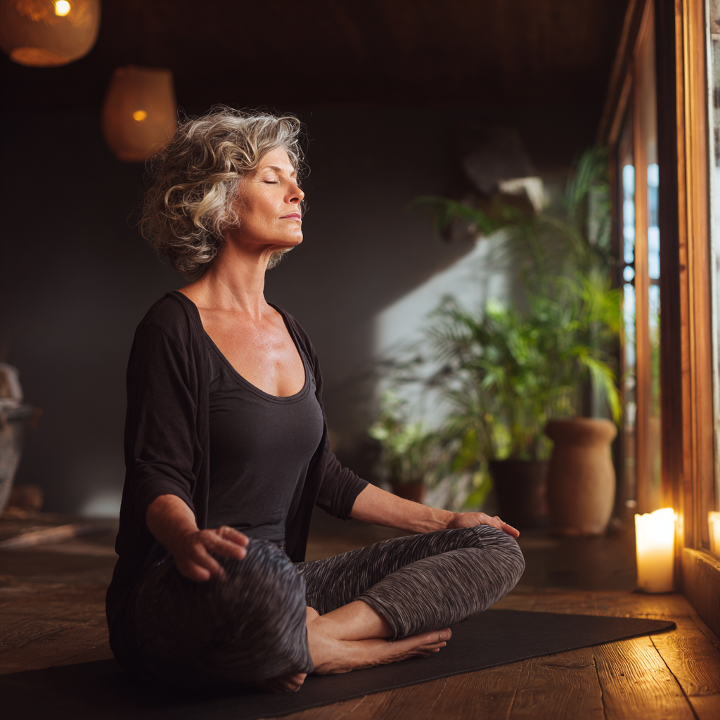 Mature woman in peaceful meditation pose in serene yoga studio