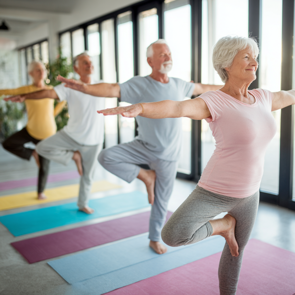 Senior adults practicing gentle yoga poses in bright modern studio